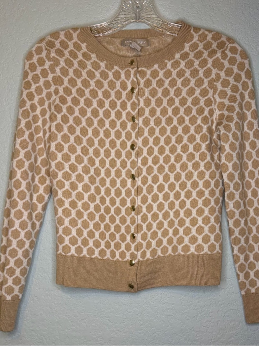 BANANA REPUBLIC • Honeycomb Cardigan Sweater Wool Blend Tan Gold Size Small